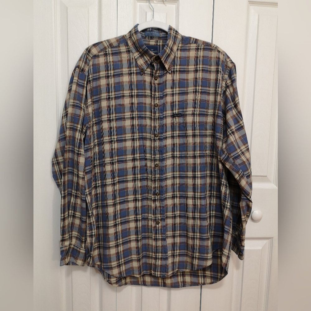Faconnable Blue and Tan Plaid Button Down Shirt Size L